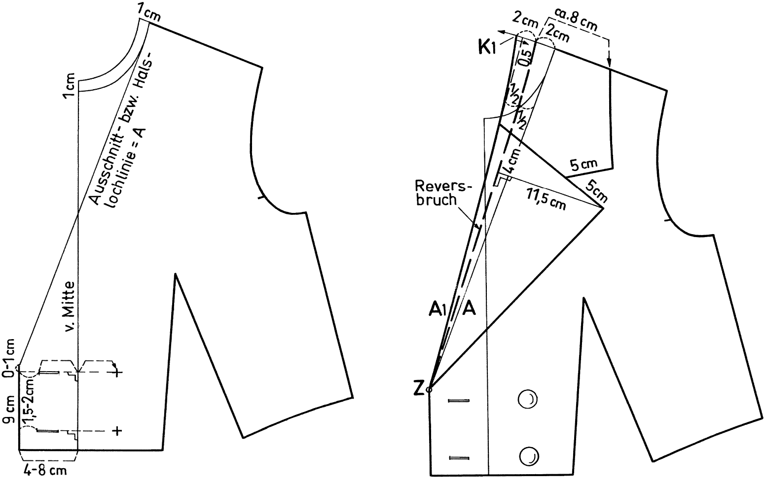 Zu sehen ist die Schnittkonstruktion eines Reverskragens in Form eines Doppelreihers.