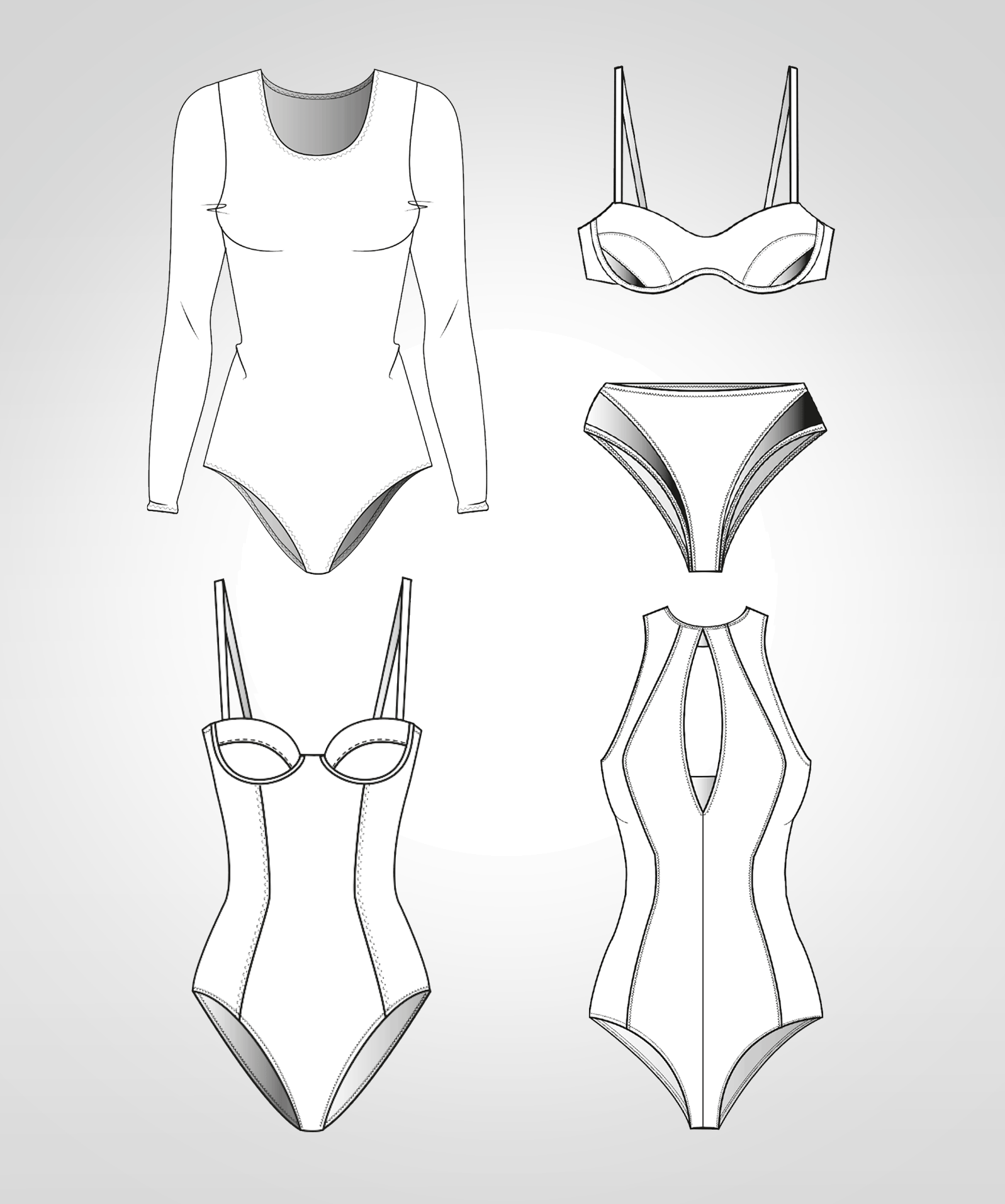 This photo shows the technical drawing of swimsuits. It´s the template for the pattern on the pattern sheet.